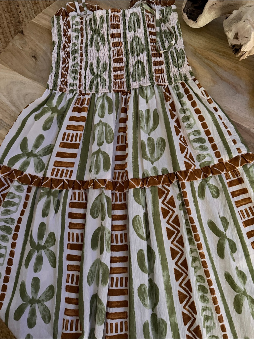 Dress Forum Printed Smocked Maxi Dress in Cream, Olive & Rust - Picture 8 of 10